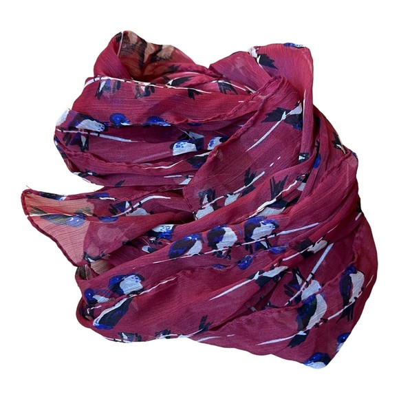 Pair Lightweight Bird Print Scarf, Maroon, Fashion Scarf, Hair Tie, Summer Wrap - Picture 6 of 7